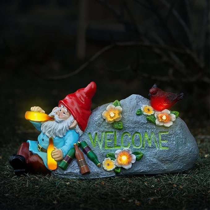 Funny Garden Gnomes Statue with Welcome, Solar Outdoor Gnomes Decorations for Yard, Patio, Lawn, Christmas Birthday Housewaming Gifts, for Dad, Men, Husband, Grandpa, 11.8 Inch, Resin