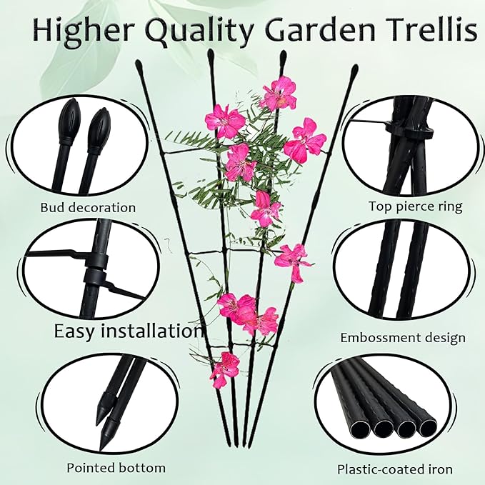 Garden Trellis for Climbing Plants, 2 in 1 Plant Trellis Rustproof Metal Pipe with Plastic Coated, 4Ft Plant Support for Potted Plant Outdoor Indoor, Plant Cages & Supports for Vines,1Pack