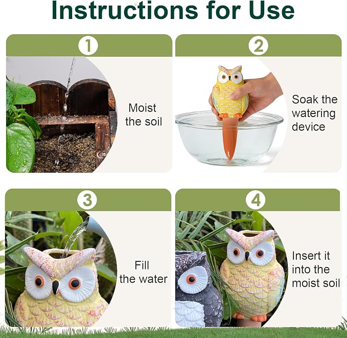 MCleanPin 4 Pack Self Watering Spikes and Globes, Handmade Terracotta Owl Self-Watering Plant Devices with Slow Release System, Automatic Water Bulbs for Indoor and Outdoor Garden Pots Vacation
