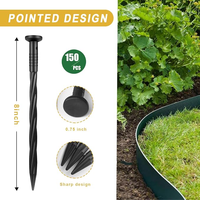 150 Pack 8 Inch Plastic Landscape Edging Anchoring Stakes Garden Lawn Yard Spikes Landscaping Stakes for Paver Edging, Weed Barrier, Tent, Artificial Turf