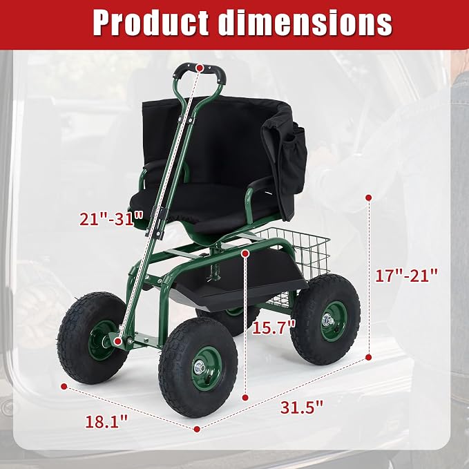 Rolling Garden Work Seat with Wheels, 300lbs Heavy Duty Garden Cart, 360° Swivel Adjustable Height Rolling Stool, Extendable Handle, Storage Basket & Tray for Gardening, Lawn Care, Adults & Seniors