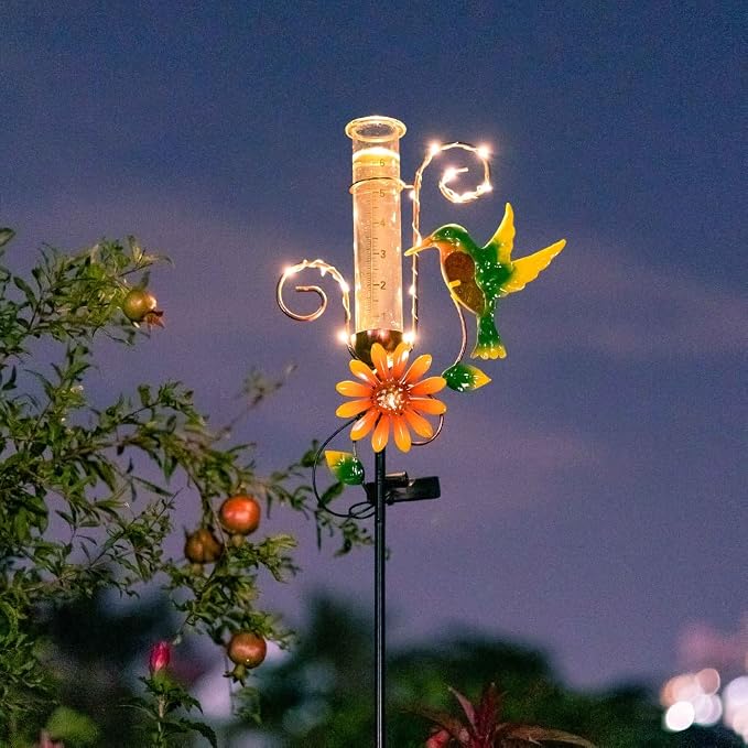 Stargarden Hummingbird Rain Gauge Outdoor,Metal Solar Rain Gauge Decorative Waterproof for Yard Garden Patio Lawn