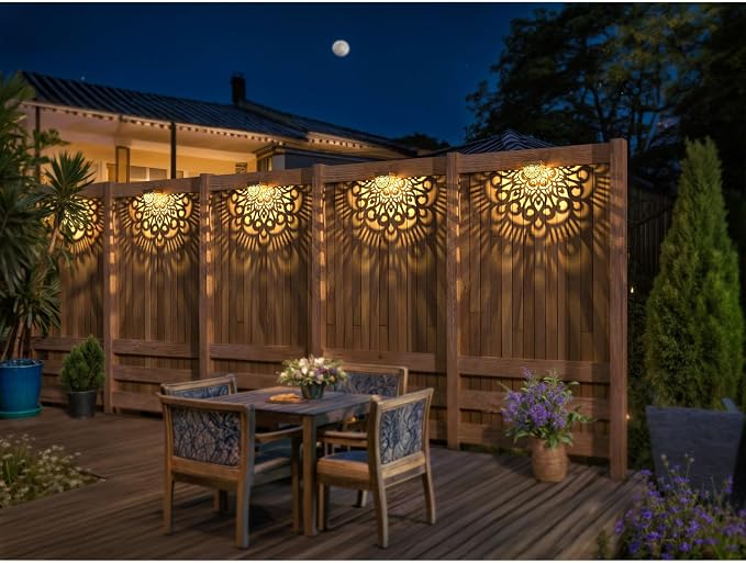 6 Pack Solar Fence Lights Outdoor Wall Lights Gold Plastic Solar Powered Deck Step Stair Lights Mandala Theme Waterproof Fence Solar Light for Garden Post Patio Backyard Yard Decor