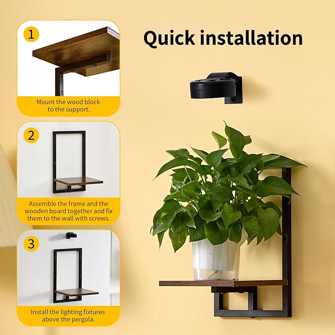 Wall Planters with Grow Lights, Set of 3 Floating Shelves for Indoor Plants, Bedroom, Living Room, Kitchen, Bathroom Decor, Rustic Brown