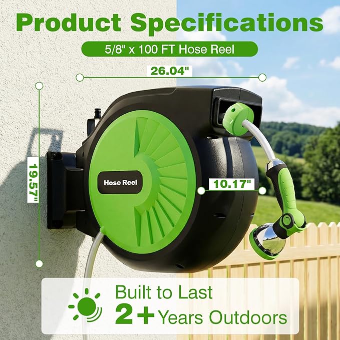 Retractable Garden Hose Reel 100FT x 5/8 in, Wall Mount Water Hose Reel for Outside with Auto Rewind, Tangle-Free Guide, 180° Swivel Bracket, Lock at Any Length, High-Pressure Flow, 10-Pattern Nozzle