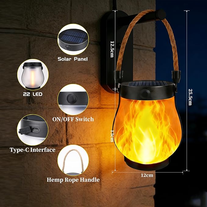 4 Pack Solar Lanterns Outdoor Waterproof, Flickering Flame Hanging Lanterns Decorative Outdoor with 2 Modes, Dual Charging USB & Solar-Powered Outdoors Lantern for Porch Yard Patio Tree Garden Decor