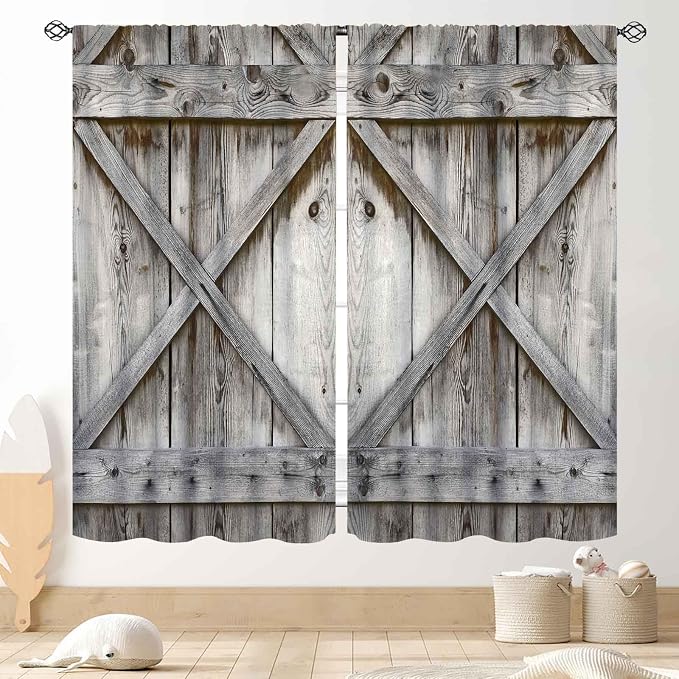 Rustic Wooden Curtains, Farmhouse Gray Barn Door Country Cottage Western Barnwood Garage Printed Blackout Window Drapery Treatments for Kitchen Living Room Bedroom Cafe, 84"x84" Inch