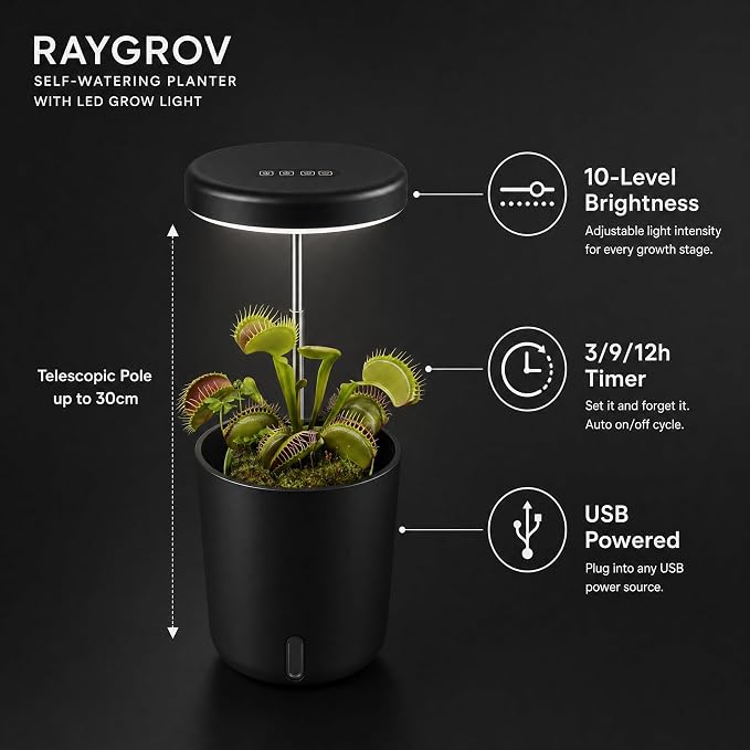 Self-Watering Planter with Grow Light, Smart Indoor Pot for Venus Fly Trap, Carnivorous Plants, African Violet, Cat Grass, Catnip & Herbs, 2-in-1 Wall + Desktop, USB 5W Full Spectrum LED