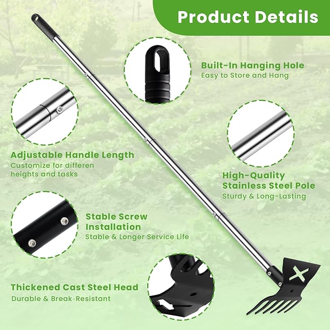 2 in 1 Garden Hoe for Weeding with Cultivator Rake, 57" Garden Weeders and Cultivators, Heavy Duty Hoe Garden Tool with Adjustable Long Handle, Manual Weed Tools for Gardening, Planting,Loosening Soil