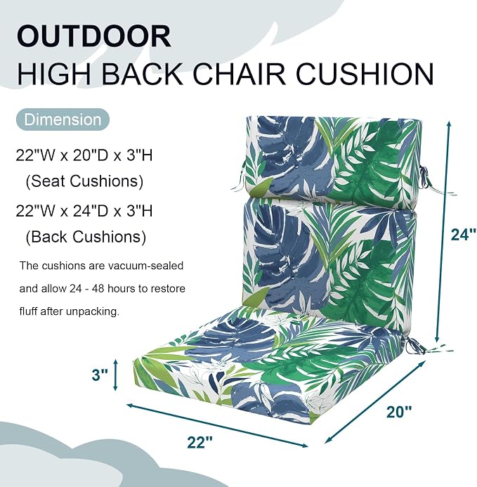 DYTXIII Outdoor High Back Chair Cushions Set of 2, 44"x22" Water Repellent Patio Seat Cushions with Elastic Sponge, All Weather Chair Pads for Rocking, Dining, Patio Furniture - Islamorada Blue Green