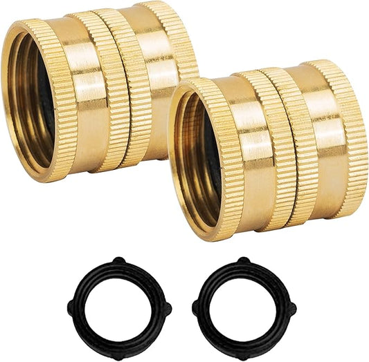 Hourleey Garden Hose Adapter, 3/4 Inch Solid Brass Hose Connectors, 2 Pack Hose Connector with 2 Extra Washers (Female to Female)