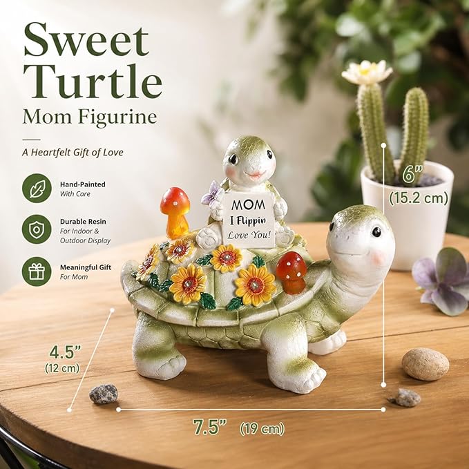 Solar Turtle Garden Statue 7.5 inches, I Flippin Love You Tortoise Figurine with 7 LED Lights, Outdoor Lawn Decor for Patio, Yard, Balcony, Birthday for Mom, Grandma, Women