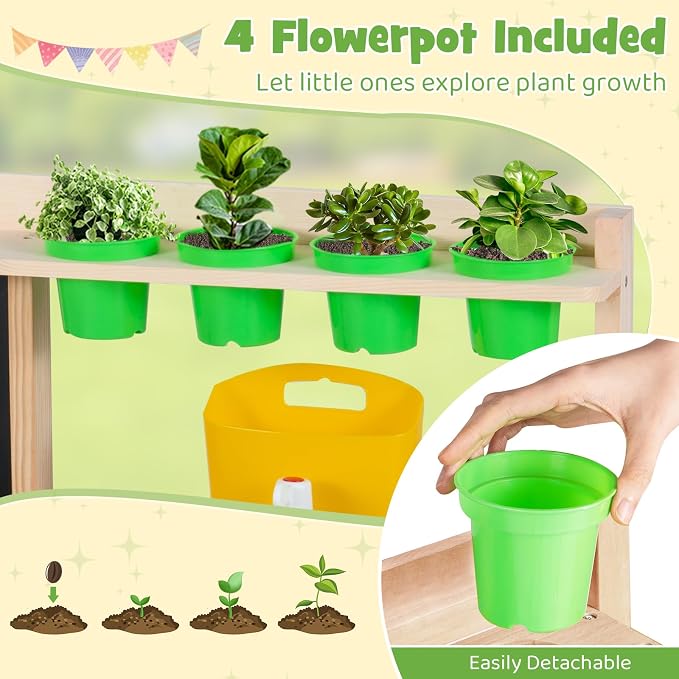 HONEY JOY Mud Kitchen with Running Water, Fir Wood Play Kitchen for Toddlers, 4 Planter Pots w/Accessories, Chalkboard, Sink & Faucet, Outdoor Kids Kitchen Playset for Garden Fun (4 Planter Boxes)