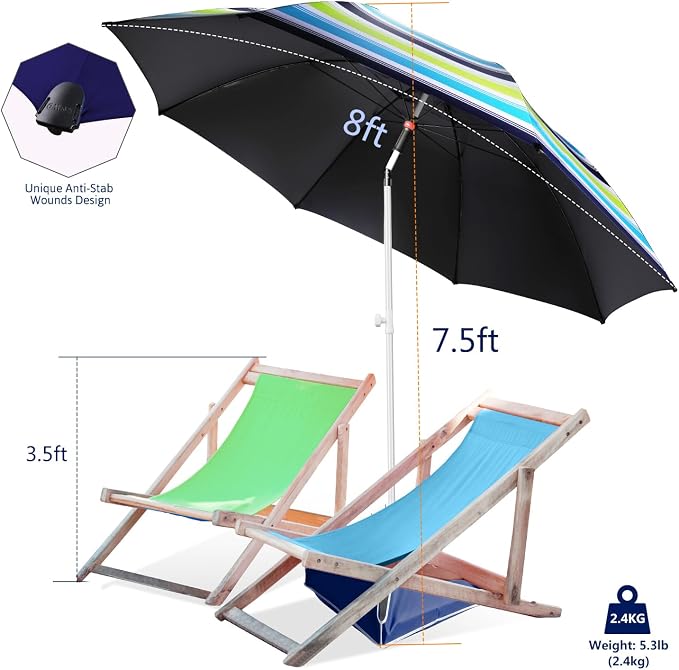 Fisqueen 8FT Large Beach Umbrella with Level 7 Wind Resistance Sand Anchor Sand Bag, Portable Outdoor Umbrella with UPF50+ UV Protection, Tilt Sun Shelter for Beach, Patio, Yard