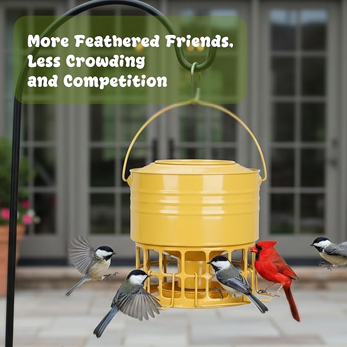 KOL Large Bird Feeder for Outdoors, 10LB Capacity Squirrel Proof Metal Feeder with 32 Feeding Ports & 3 Perches, Easy-Clean Hanging Birdfeeder for Cardinals, Bluebirds, Finches (Earthy Yellow)