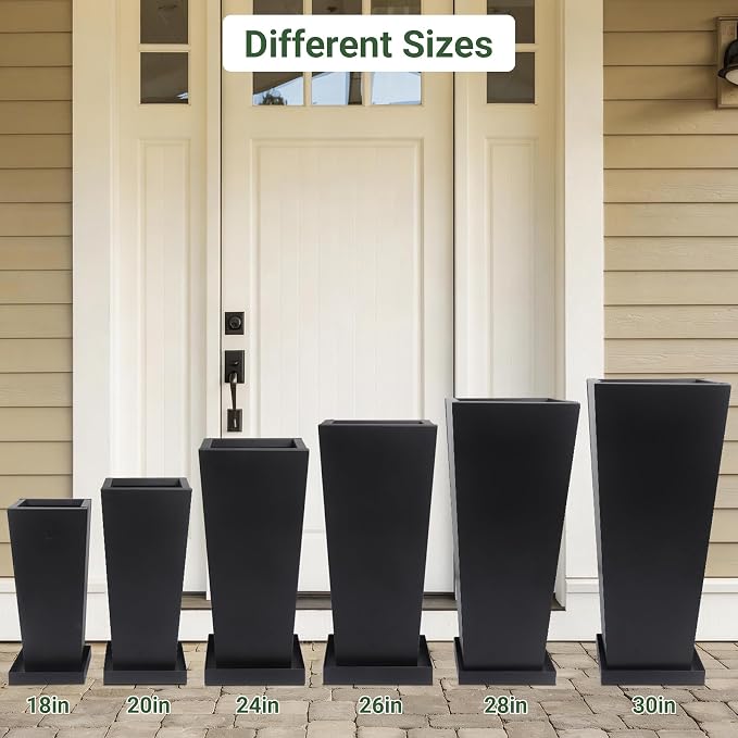 24" Metal Tall Outdoor Planters Set of 2, Durable & Wealtherproof | Tall Planters with Drainage Insert Shelve & Trays, Black Outdoor Planters for Porch, Garden, Yard