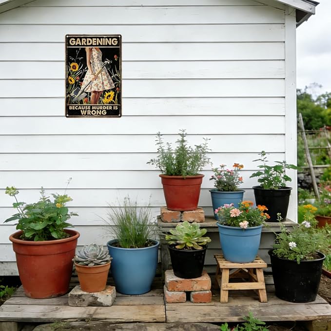 Funny Garden Sign 8x12 Inch "GARDENING BECAUSE MURDER IS WRONG" Vintage Metal Decor for Yard, Patio, Garden Fence Gift for Friends, Plant Lovers & Gardeners FFXQCTFF (3008)