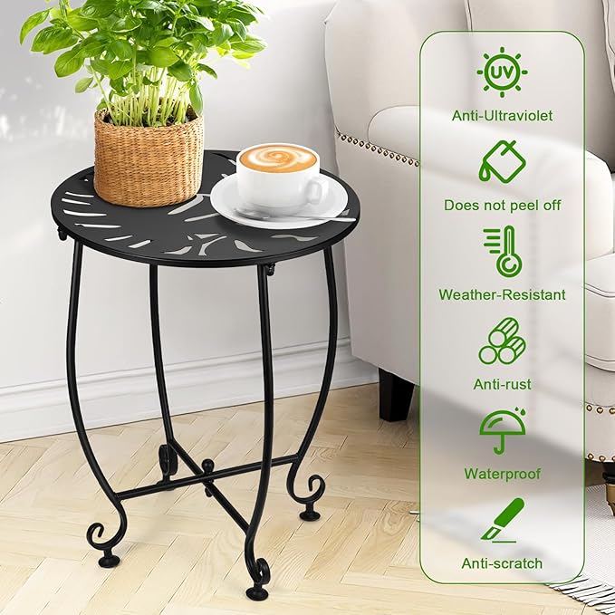 14 Inch Outdoor Metal Side Table, Weather Resistant Small Round End Table for Patio, Yard, Balcony, Garden - Plant Stand Outside (Color1-Turtle Leaf, Black)