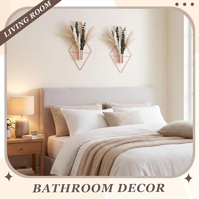 Canlierr 4 Pcs Rose Gold Wall Decor Hanging Planters with Artificial Plants Eucalyptus Pampas Grass Metal Hanging Vase Indoor Plants Holder Modern Boho Wall Art for Bathroom Bedroom Living Room Decor