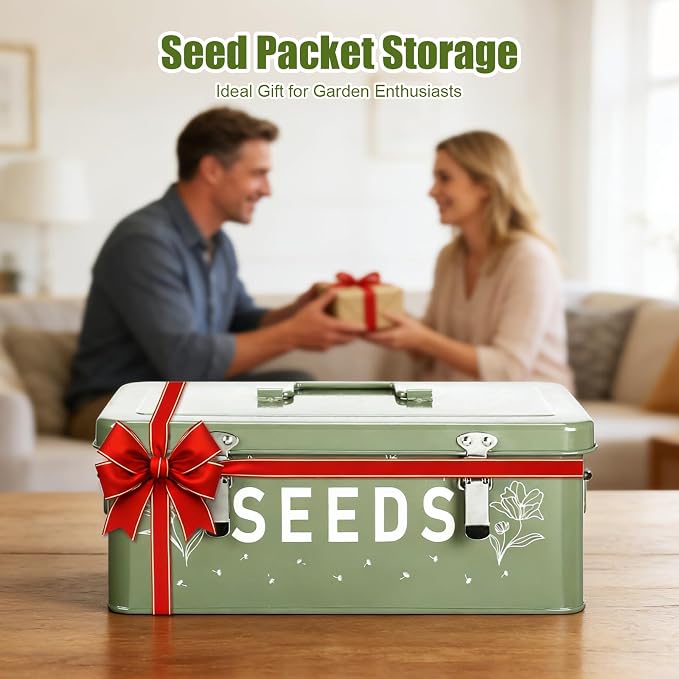 Seed Storage Organizer Box with Dividers, Large Metal Seed Packet Organizer Includes 50 Seed Envelopes, 100 Plant Labels & 50 Plant Clips, Garden Seed Storage Container