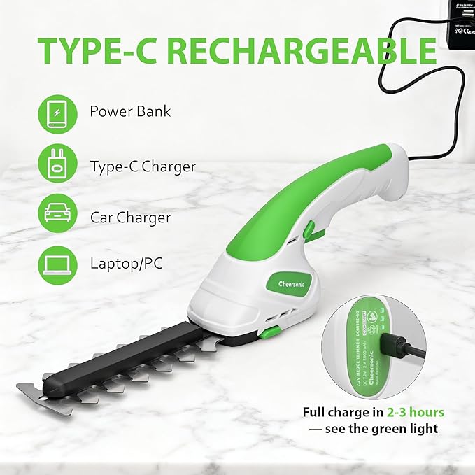 Cordless Grass Shear & Hedge Trimmer 7.2V Handheld Electric Grass Trimmer with 2 * 2000mAh Battery 2 in 1 Lightweight Shrub Trimmer Type-C Cable for Small Bushes, Lawn Edging & Garden Green