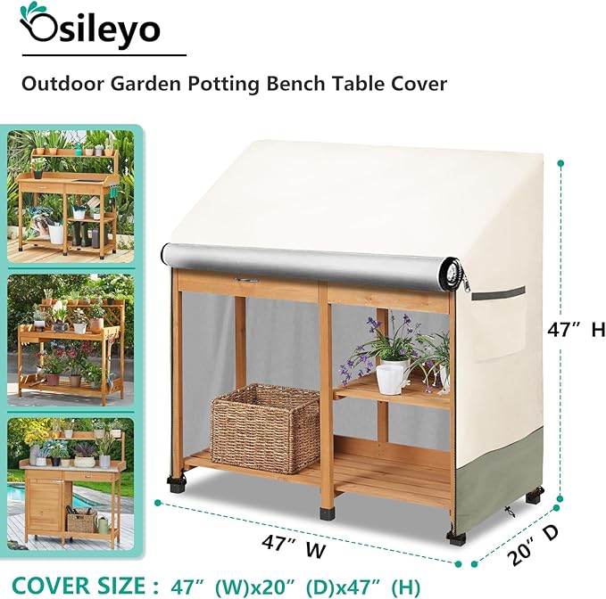Outdoor Garden Potting Bench Table Cover with Split Zipper,Heavy 600D Duty Waterproof Anti-UV All Weather Protection,47" x 20" x 47" -Beige