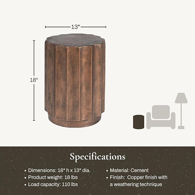 LuxenHome 18" Fiber Stone Outdoor Side Table, Bronze Finish Garden End Table, Round Porch Poolside Seating, Indoor Outdoor Use