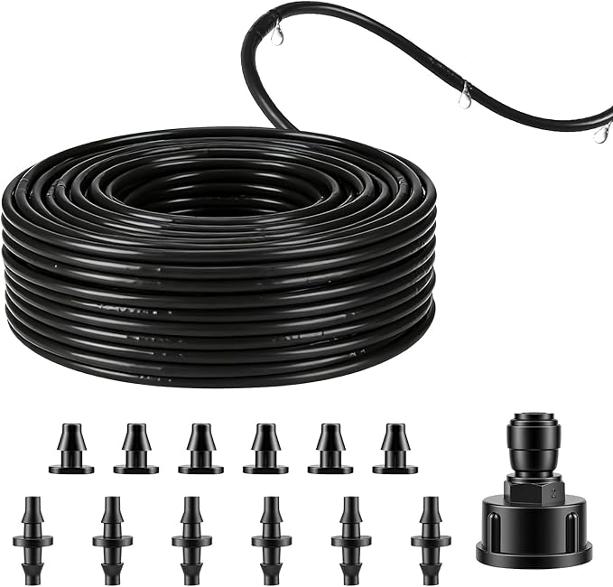 100FT Drip Line Kit Kalolary 1/4 Inch Hydroponics Dripline Hose with 6" Emitter Spacing Drip Irrigation Tubing Drip System Parts with End Plugs Coupling for Garden Lawn Farm Hydroponics