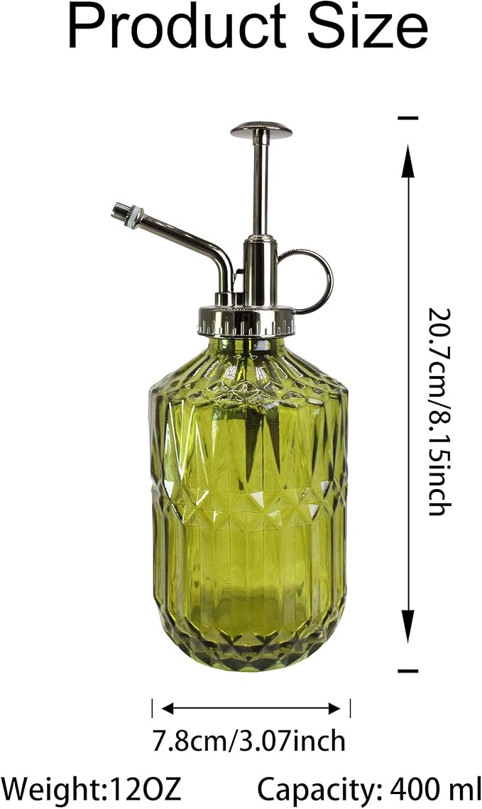 Glass Plant Mister Spray Bottle, 400ML Vintage Plant Spritzer with Top Pump Watering Can for Indoor Outdoor House Plants, Flowers (Green)