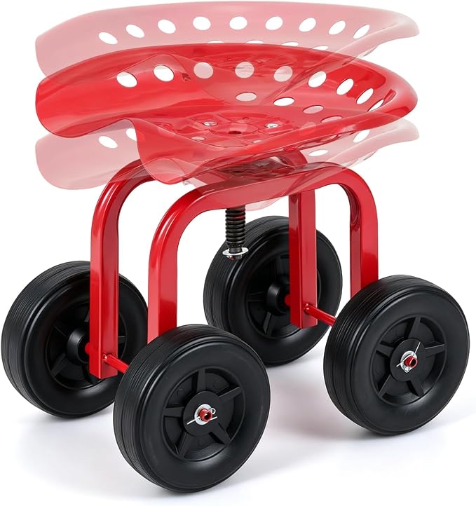 Rolling Garden Seat, Garden Cart with 360° Swivel Work Seat & Adjustable Height, Heavy Duty Garden Seat with Wheels for Lawn Yard Patio Greenhouse Planting Cleaning (Red)