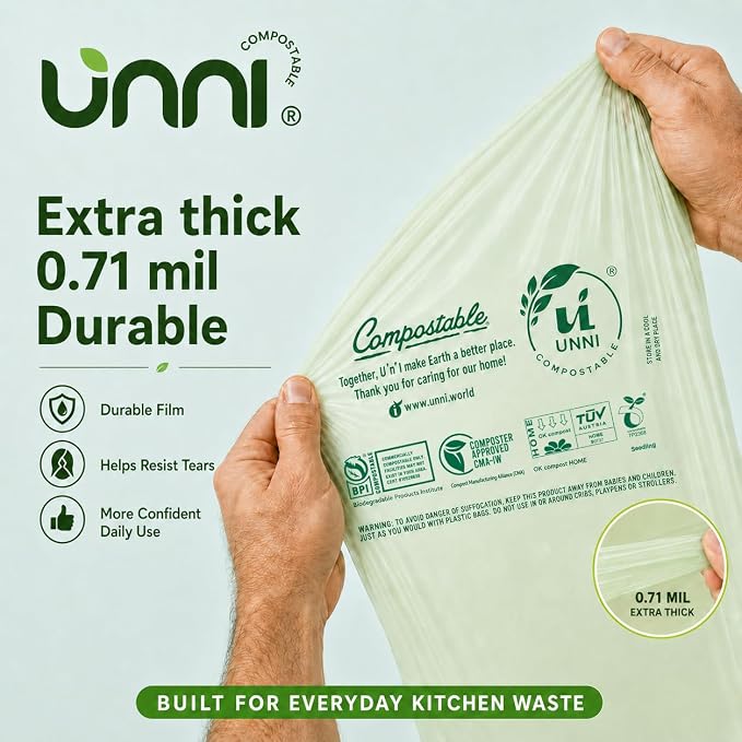 UNNI Compostable Trash Bags, 4 Gallon / 15 Liter, 100 Count, Extra Thick 0.75 mil Small Kitchen Food Scrap Bin Liners, Certified by BPI, CMA & OK compost HOME, Meets the ASTM D6400 Standard