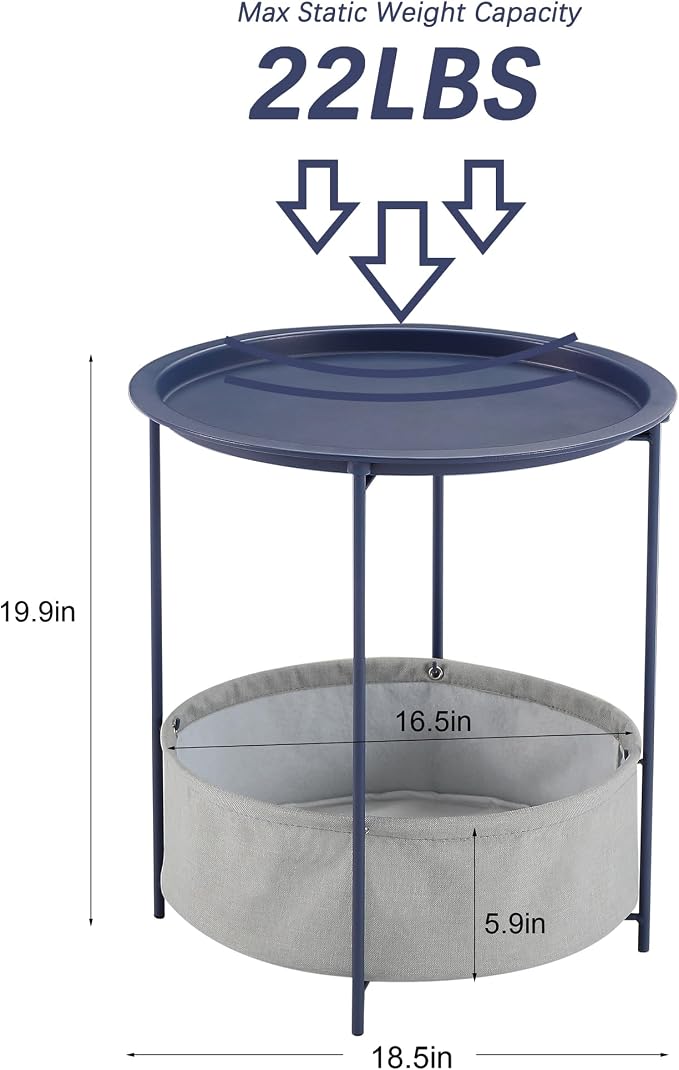 VECELO Round Side/End Table with Fabric Storage Basket，Metal Anti-Rust and Waterproof Small Bedside Nightstand with Removable Tray Top for Living Room，Balcony & Laundry，Blue /1pcs with Basket