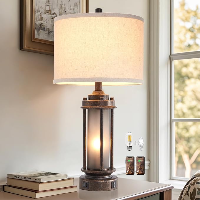 AIEAMPDO 25" Farmhouse Lamps for Living Room with 2 USB C+A Ports | Rustic Vintage Design, Frosted Glass Nightlight, Bulbs Included, Retro Desk Lamp