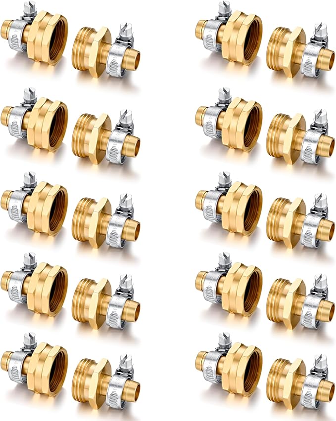 Garden Solid brass Hose Repair Connector with Clamps,Fit for Garden Hose Fitting,Male and Female Hose Fittings 10 Set (1/2"-10 Set)