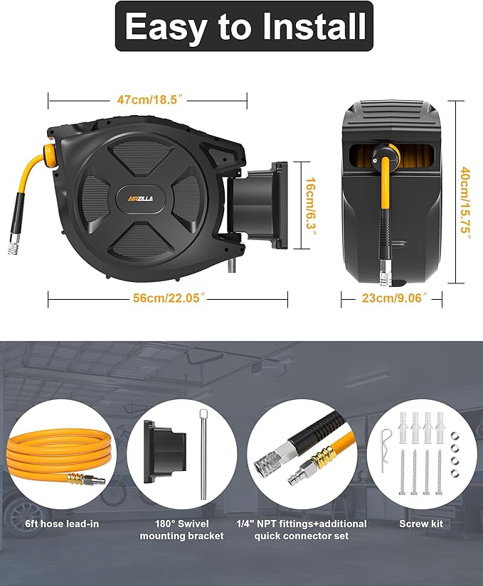 Retractable Air Hose Reel, 3/8" x 65Ft Flex Hybrid Air Hose Max 300PSI Kink-resistant Air Compressor Hose Reel Auto Rewind with 6Ft Lead in, Quick Connect, 180° Swivel Mounting Kit.