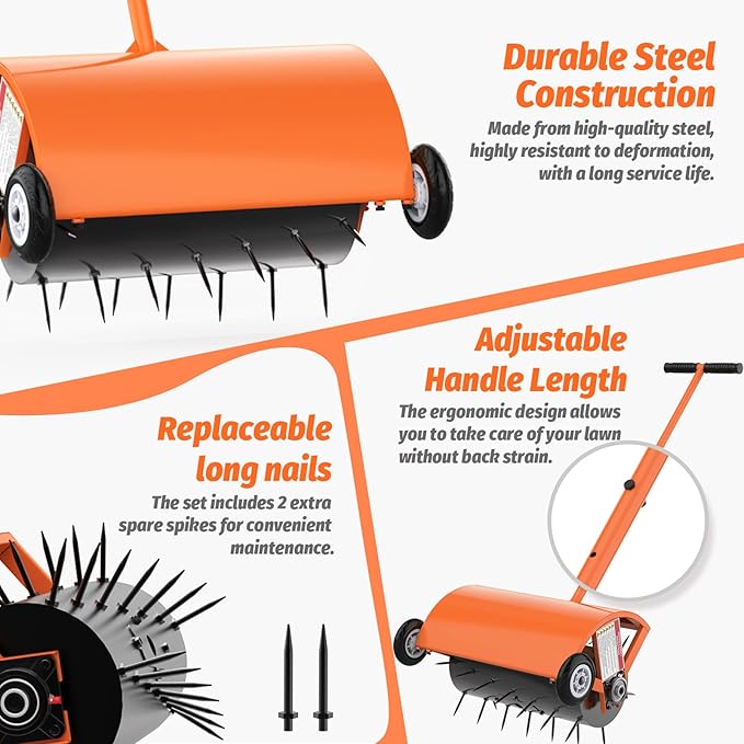 24 Inch Rolling Lawn Aerator, Heavy Duty Manual Aerator Tool, Up to 70 lbs, Push Spike Aeration Tool with 42 Spikes, Suitable for Lawns, Garden, and Yard Grass Aeration [Orange]