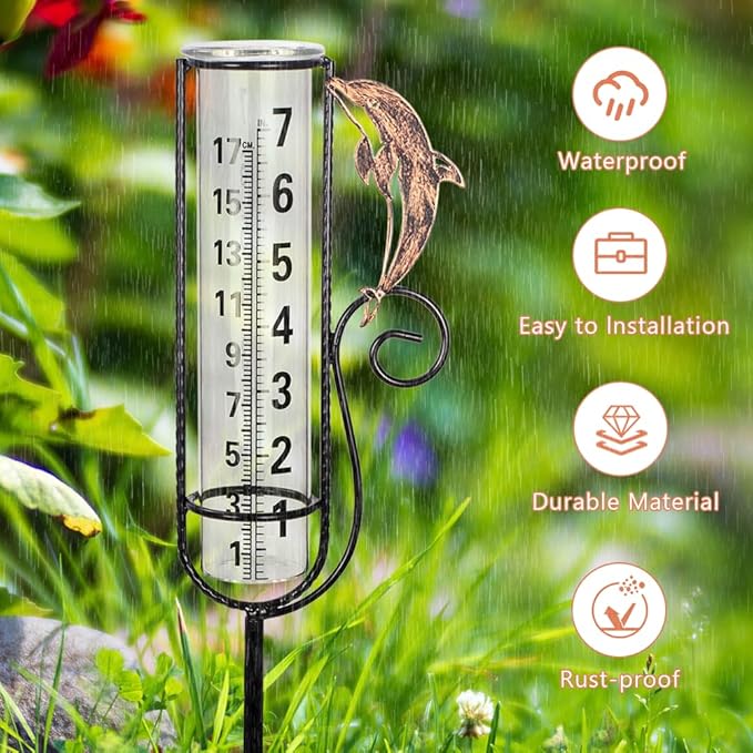 Rain Gauge Outdoor with 7 Inch Glass Tube, Rain Gauges Large Clear Numbers Measure Gauge for Yard, Garden, Lawn(Dolphins)