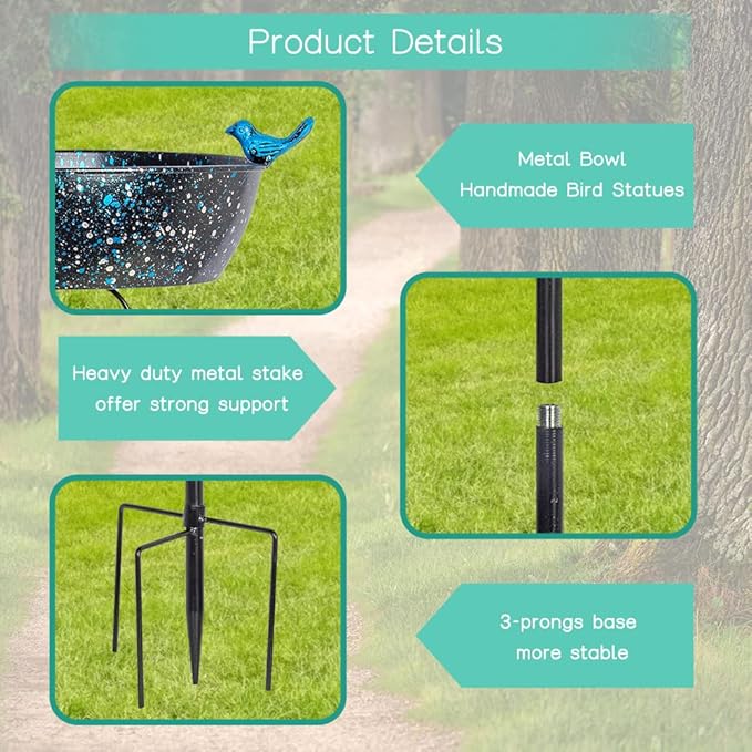 Outdoor Garden Bird Bath, Metal Birdbath with Stable Stakes Bird Feeders for Outdoor Yard Lawn Patio (3" Deep*35" Height)