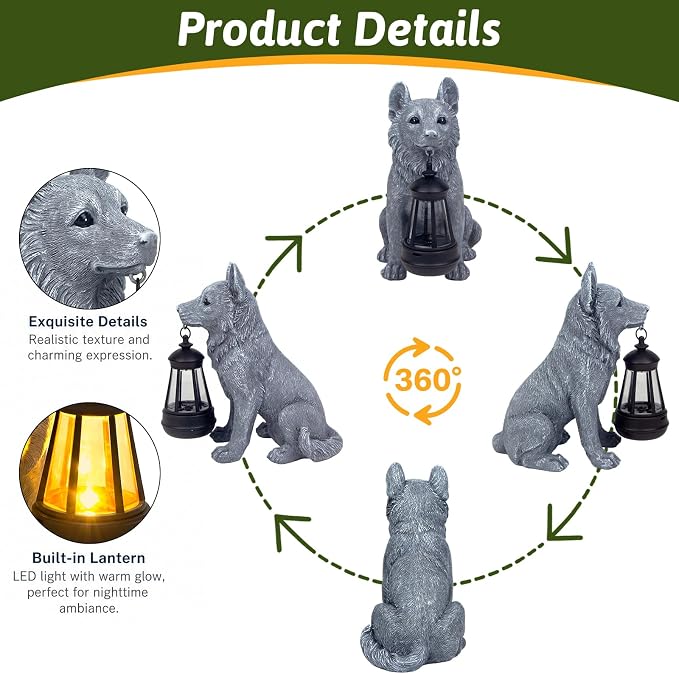 Solar Dog Garden Statue, Outdoor Decoration with Lantern for Yard, Patio, Lawn Outside, Ideal Christmas Birthday Mothers Day Gifts for Mom Women Grandma