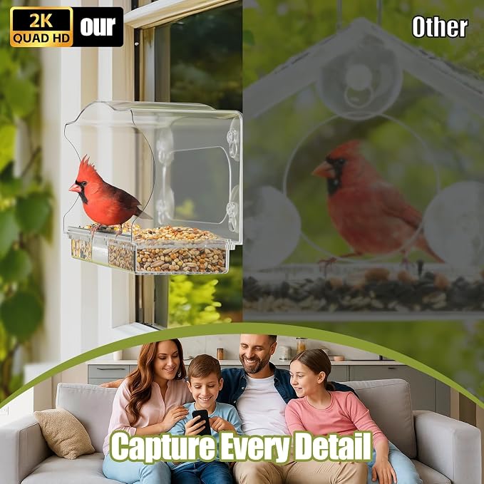 Waterproof Smart Window Bird Feeder with Camera & AI Bird Identifier, 2K HD Auto-Capture Video, Window Mounted with Strong Suction Cups, Unique Gift for Elderly Parents & Birding Lovers