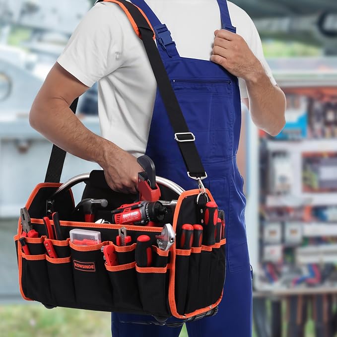 Kowsinde 16 Inch Tool Bag, Electrician Tool Bag, Open Top Tool Bags, 26 Pockets Can Hold Many Tools, Steel Handle and Removable Shoulder Strap