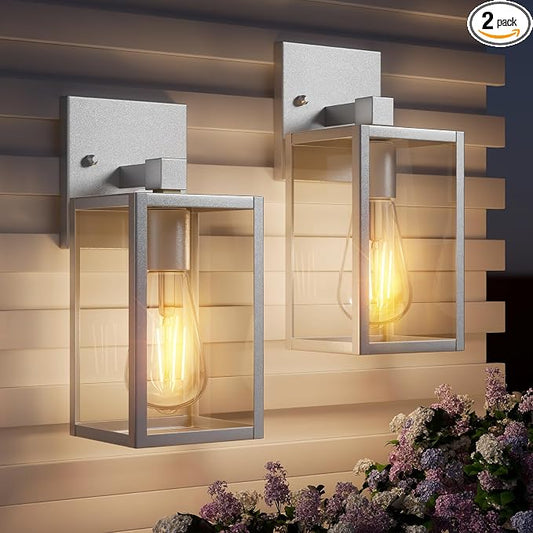 2 Pack Silver Outdoor Wall Sconce Lights Wall Mount, Waterproof Exterior Lighting Fixtures, Outside Front Porch Lights for House, Outdoor Lantern Lamp, Coach Light for Garage Entryway