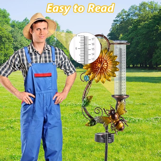 Stargarden Rain Gauge Outdoor, Solar Rain Gauge, Solar Measuring Gauge, Bee Decorative Rain Gauges for Yard Lawn Garden