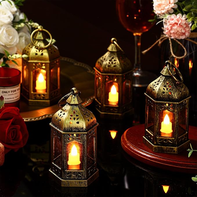 Hortsun 24 Pcs Vintage Lanterns Mini Lantern for Wedding Table Centerpiece Retro Decor with LED Candle Battery Powered Hanging for Medieval Wedding Cowboy Halloween Party Decoration Supplies(Gold)