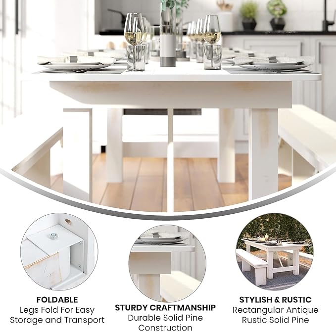 Flash Furniture HERCULES Series 8' x 40" Rectangular Antique Rustic White Solid Pine Folding Farm Table