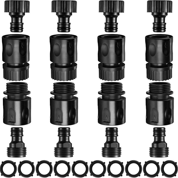 16 Pieces Garden Hose Quick Connector 3/4 Inch Plastic Water Hose Fittings Male and Female Connectors End Adapters with 10 Pieces Rubber Gaskets(Black)