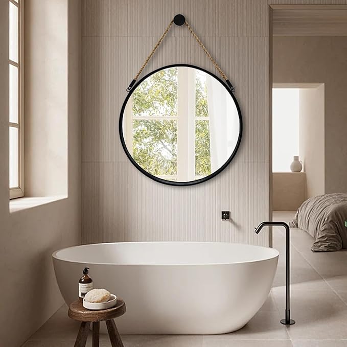 POZINO Round Mirror with Rope, 24 Inch Circle Hanging Wall Mirrors, Black Frame Farmhouse Decorative Mirror for Entryway, Living Room, Fireplace, Bedroom, Bathroom