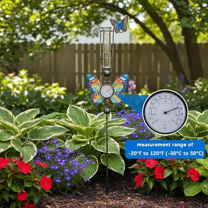 Rain Gauge Outdoor with 7 Inch Tube, Rain Gauges with Thermometer Waterproof Measure Gauge Decor for Yard, Garden, Lawn(Butterfly)