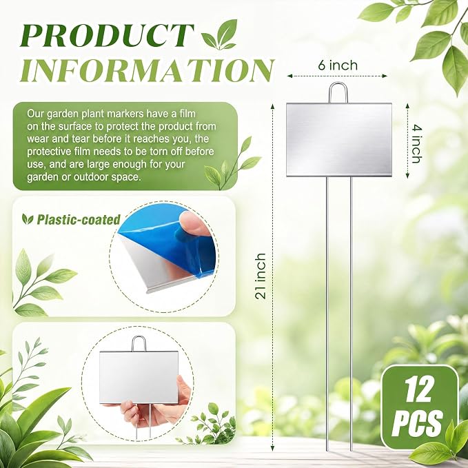 Landhoow 12 Pcs Large Garden Plant Markers Metal Plant Labels Sign 6'' x 4'' with 21'' Stake Weatherproof Waterproof Garden Sign for Outdoor Seedlings Herbs Vegetable Greenhouse, Silver