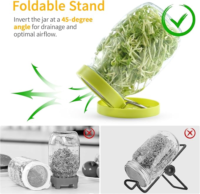 Luckyiren 2 Set Seed Sprouter Kit for Wide Mouth Jars - Germination Tray with 316 Stainless Steel Mesh, BPA Free Plastic Drip Tray & Tilted Lid for Bean Sprouts, Broccoli, Alfalfa, Microgreens